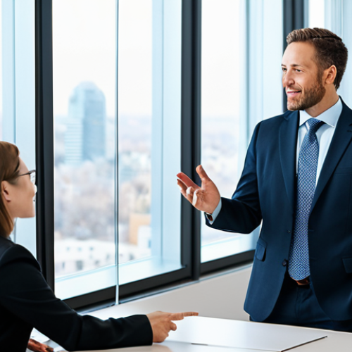 Home 8 A diverse adult male and female business professional, fully clothed in modest, appropriate business attire, engaging in a focused, respectful conversation in a modern, well-lit executive office. The background features a large window with a blurred, sophisticated city view, symbolizing clarity and insight. The individuals exhibit natural poses, perfect anatomy, and correct proportions, with well-formed hands and proper finger count. The scene emphasizes professional communication and trust-building. High-resolution, professional photography, natural body proportions, safe for work, appropriate content, family-friendly, professional dress.