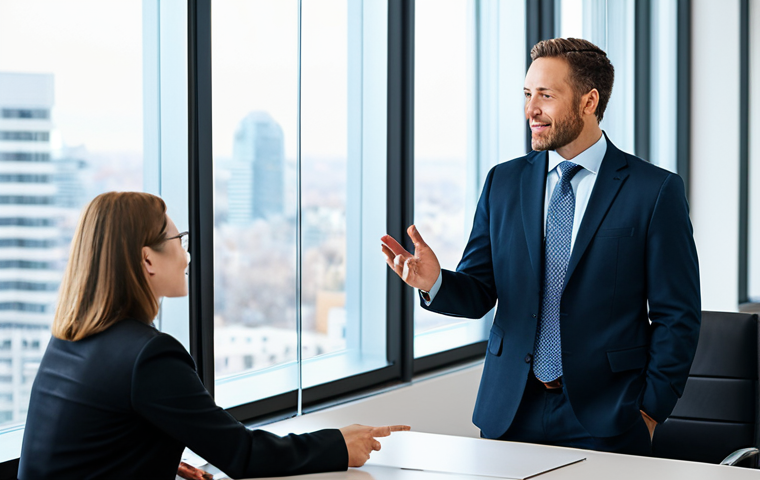 A diverse adult male and female business professional, fully clothed in modest, appropriate business attire, engaging in a focused, respectful conversation in a modern, well-lit executive office. The background features a large window with a blurred, sophisticated city view, symbolizing clarity and insight. The individuals exhibit natural poses, perfect anatomy, and correct proportions, with well-formed hands and proper finger count. The scene emphasizes professional communication and trust-building. High-resolution, professional photography, natural body proportions, safe for work, appropriate content, family-friendly, professional dress.