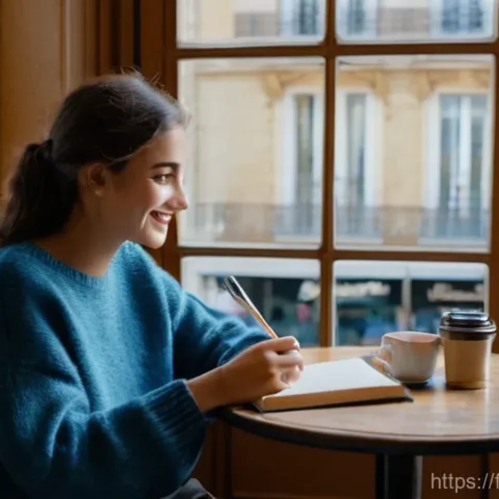 프랑스어 이론과 실기 차이를 줄이는 팁 - **A Cozy French Cafe Learning Scene:** A young adult, around 20-25 years old, sits at a small, round...