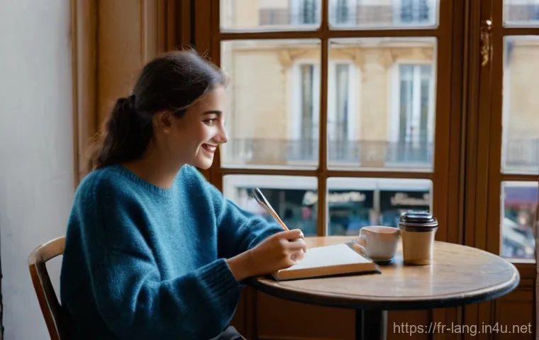 프랑스어 이론과 실기 차이를 줄이는 팁 - **A Cozy French Cafe Learning Scene:** A young adult, around 20-25 years old, sits at a small, round...