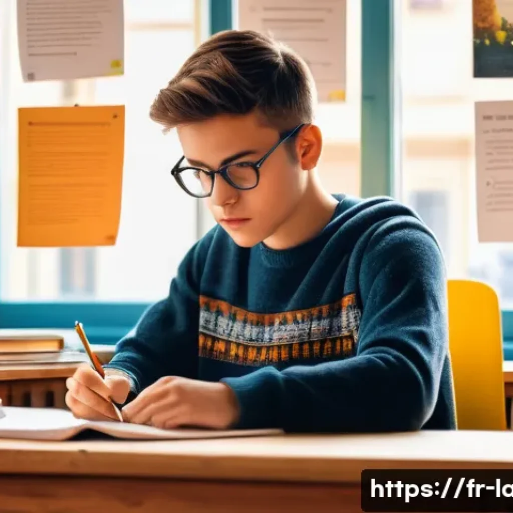 프랑스어 시험 필수 어휘 100선 - A cozy French classroom scene focused on a young adult student sitting at a wooden desk, surrounded ...