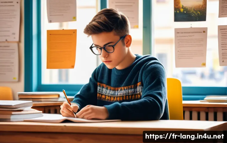 프랑스어 시험 필수 어휘 100선 - A cozy French classroom scene focused on a young adult student sitting at a wooden desk, surrounded ...