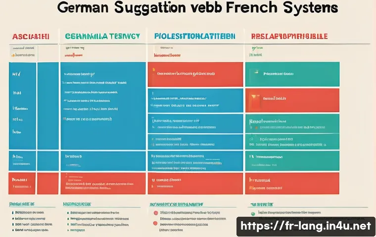 독일어 시험 필수 문법 정리 - A detailed educational infographic illustrating the German verb conjugation system for French learne...