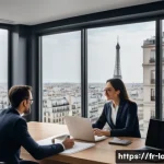 Home 21 외국어 자격증 관련 세부 연봉 조사 - A modern French office environment showing a diverse team of professionals collaborating on an inter...