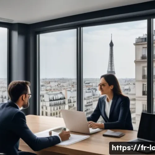Home 33 외국어 자격증 관련 세부 연봉 조사 - A modern French office environment showing a diverse team of professionals collaborating on an inter...