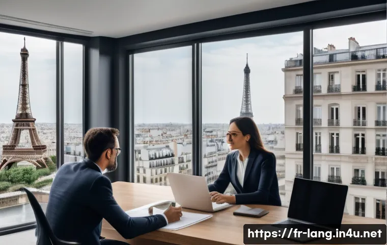 외국어 자격증 관련 세부 연봉 조사 - A modern French office environment showing a diverse team of professionals collaborating on an inter...