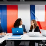 Home 20 DELF와 Goethe Zertifikat의 비교 - A modern French office environment showing a diverse group of young professionals engaged in collabo...