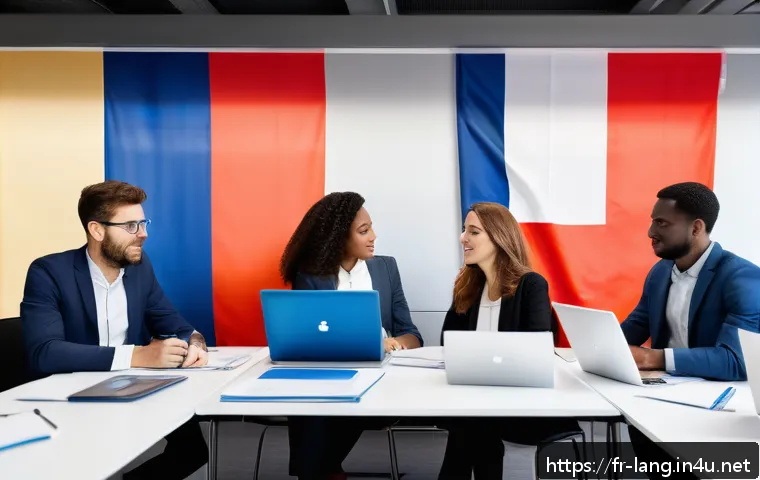 DELF와 Goethe Zertifikat의 비교 - A modern French office environment showing a diverse group of young professionals engaged in collabo...