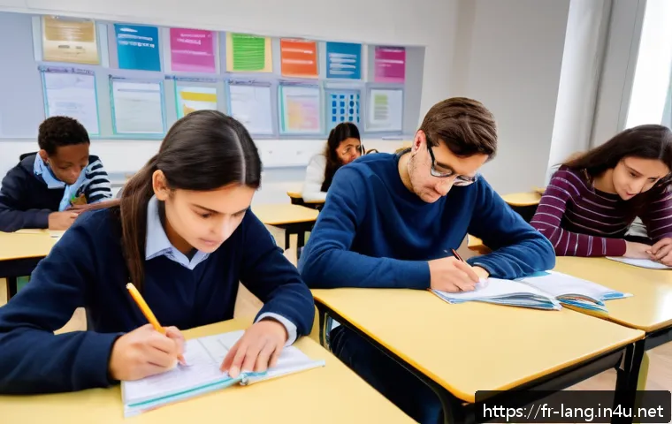TCF 자격증 취득 가이드 - A modern French language classroom setting with diverse adult students attentively taking the TCF ex...