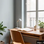 Home 23 외국어 시험 집중력 향상 비법 - A minimalist and tidy study corner in a modern French apartment, featuring a sleek wooden desk with ...