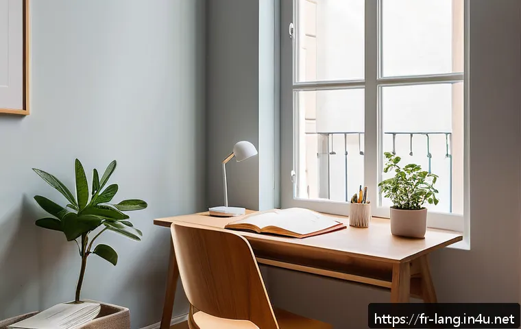 외국어 시험 집중력 향상 비법 - A minimalist and tidy study corner in a modern French apartment, featuring a sleek wooden desk with ...