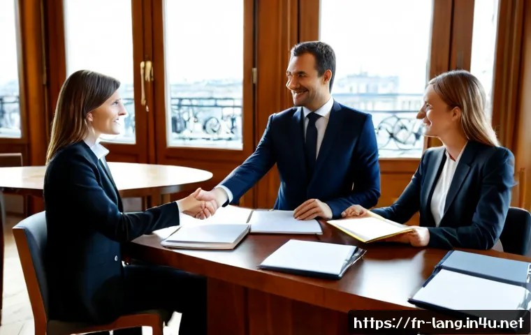 프랑스어와 독일어로 업무 협상 성공 사례 - Photorealistic business negotiation in a bright Paris conference room, French and German executives ...