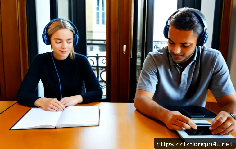 TCF와 Goethe Zertifikat 최신 동향 - Photorealistic split-scene comparison of two adult French-language exam candidates in a bright Paris...